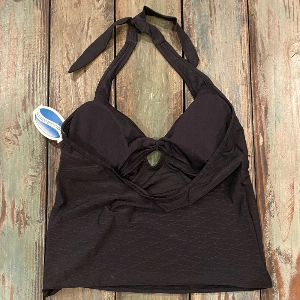 Tankini NWT Liquid Assets Keyhole Built-In Cups Black Halter Swimsuit Top Sz 16 - Picture 2 of 9